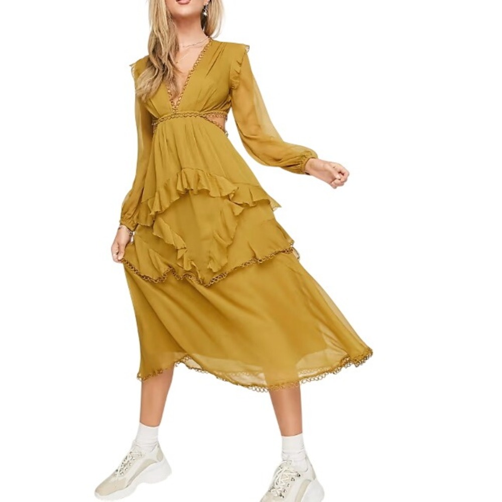 ASOS Design Women's Mustard Crochet Circle Trim Cut Out Tiered Maxi Dress Size 2